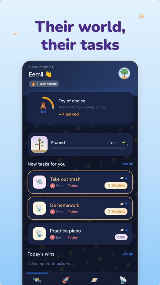 Child's home screen showing daily tasks, streak counter and reward progress in Twiggly's dark theme