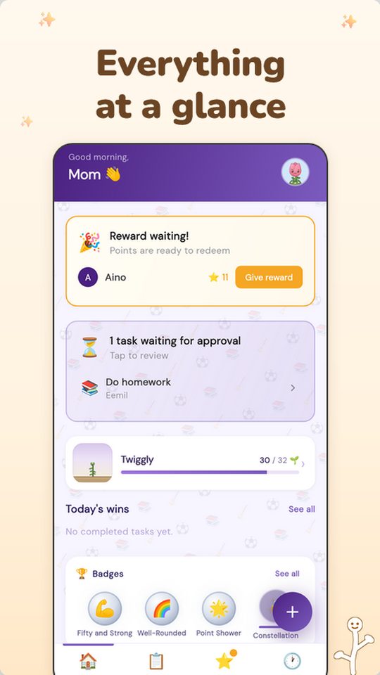 Parent's home screen with reward notifications, task approval queue and family twig growth progress
