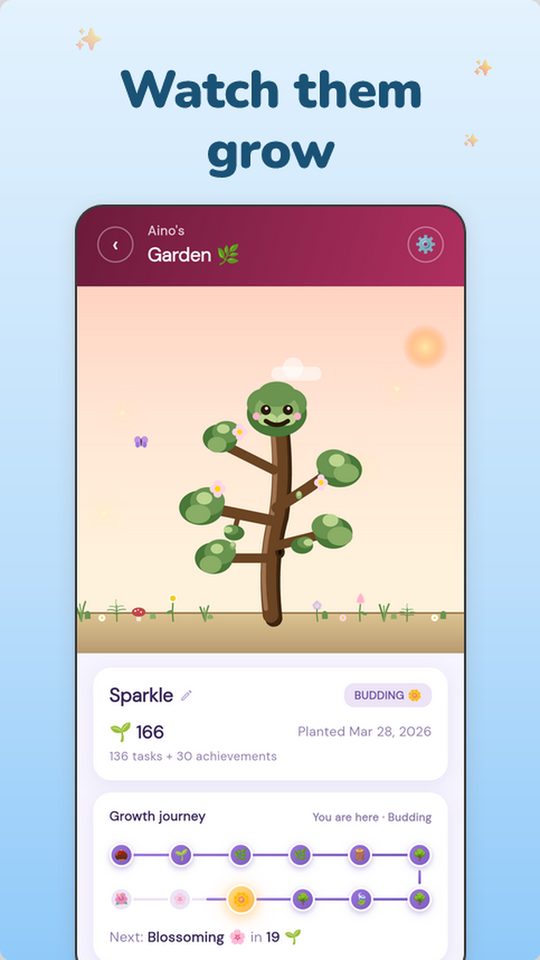 Garden screen where a child's twig grows from seed to tree as they complete tasks