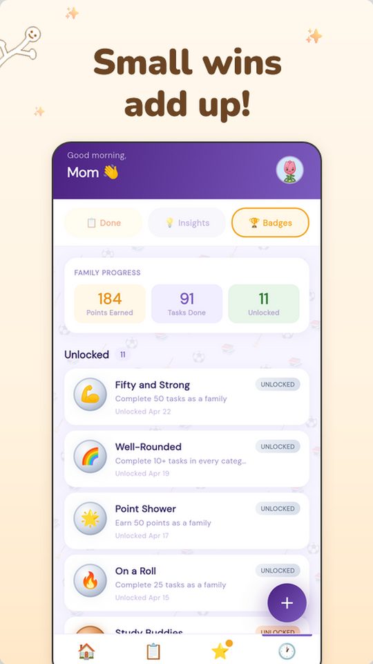 Family achievements screen tracking milestones like fifty tasks completed and well-rounded activity