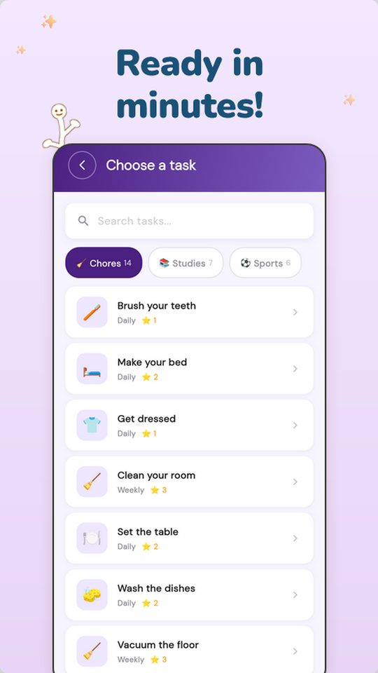 Task library with ready-made chores, study tasks and sport activities to assign in one tap