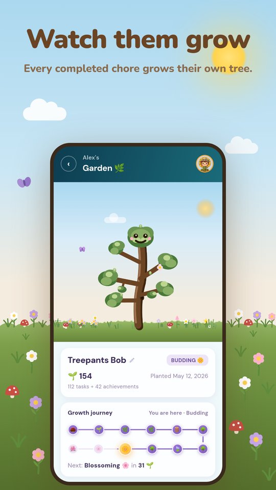 Garden screen where a child's twig grows from seed to tree as they complete tasks