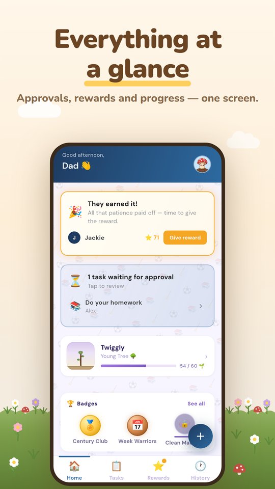 Parent's home screen showing the whole family's tasks, approvals and progress at a glance