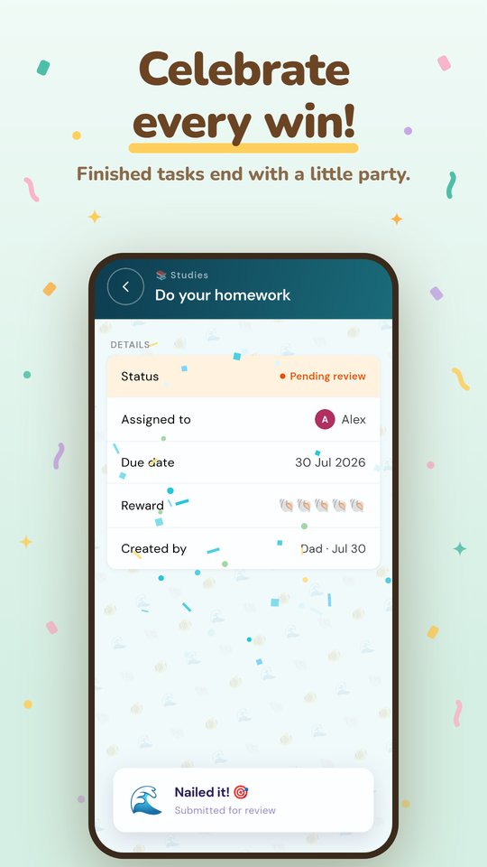 Completed task submitted for review with a confetti celebration