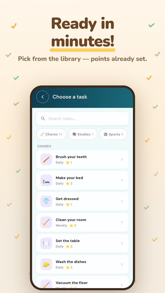 Task library with ready-made chores, study tasks and sport activities to assign in one tap