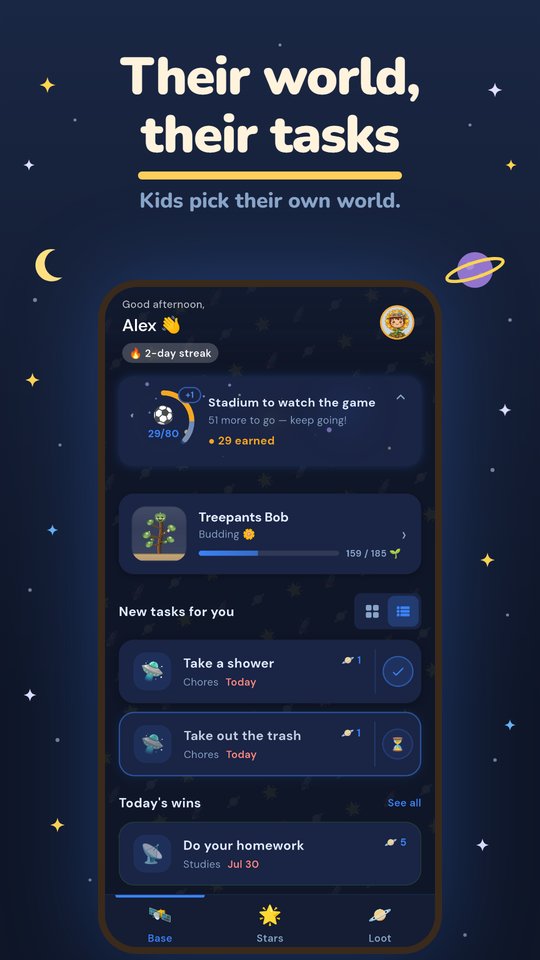 Child's home screen in the space world with their own tasks, streak and reward progress