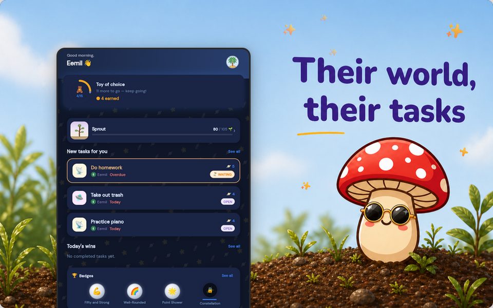 Child's home screen showing daily tasks, streak counter and reward progress in Twiggly's dark theme with nature world