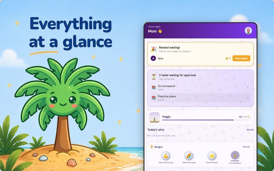 Parent's home screen with reward notifications, task approval queue and family twig growth progress