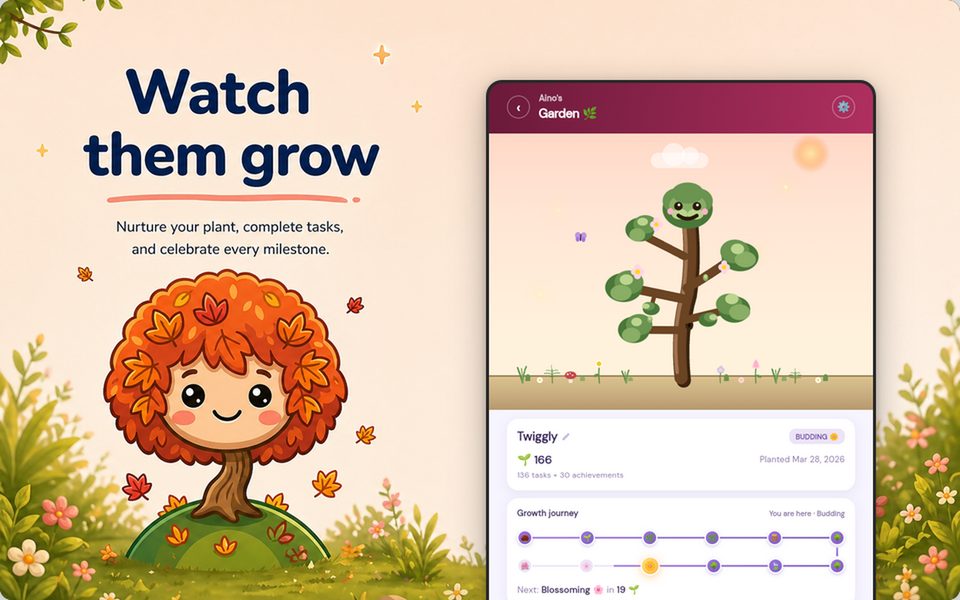 Garden screen where a child's twig grows from seed to tree as they complete tasks and build streaks