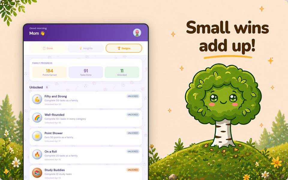 Family achievements screen tracking milestones like fifty tasks completed and well-rounded activity