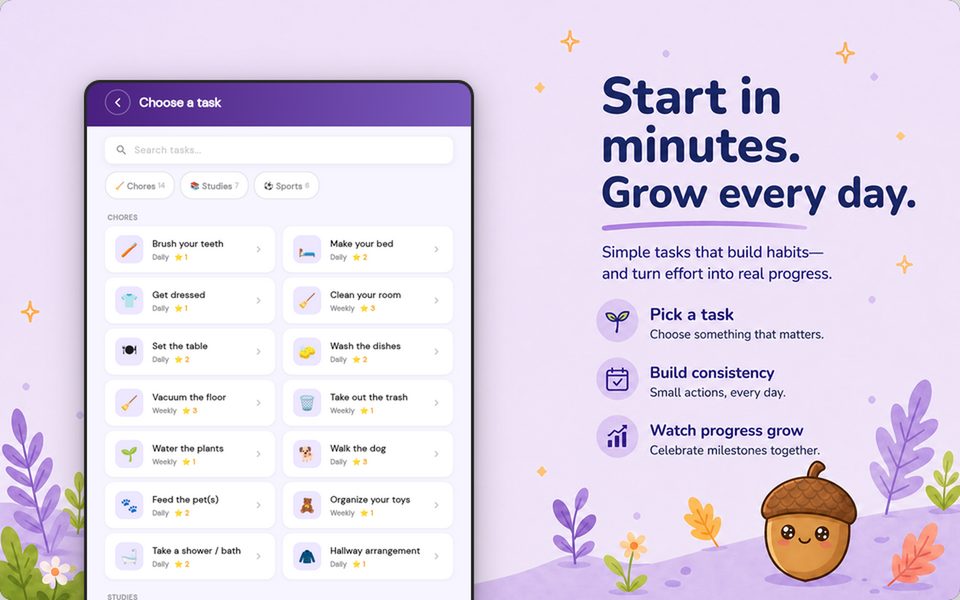 Task library with ready-made chores, study tasks and sport activities to assign in one tap